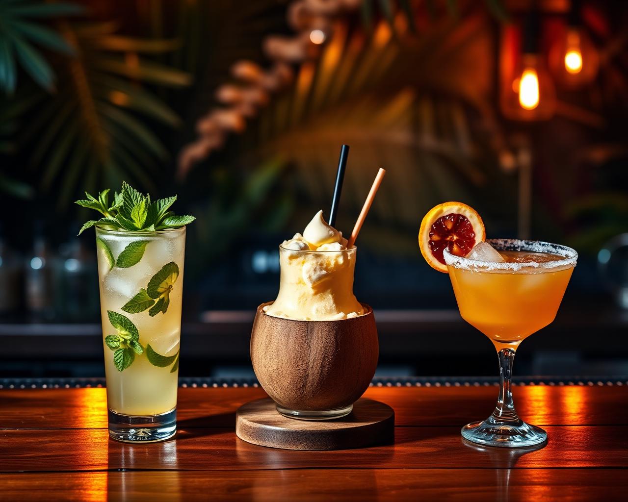 Tropical cocktails on a wooden bar with palm leaves