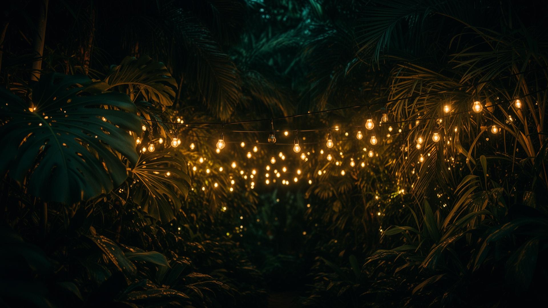Lush tropical jungle illuminated by warm fairy lights